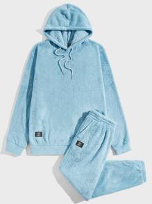 Manfinity Men Letter Patched Drawstring Flannel Hoodie & Trousers - Mint Blue - View 4
