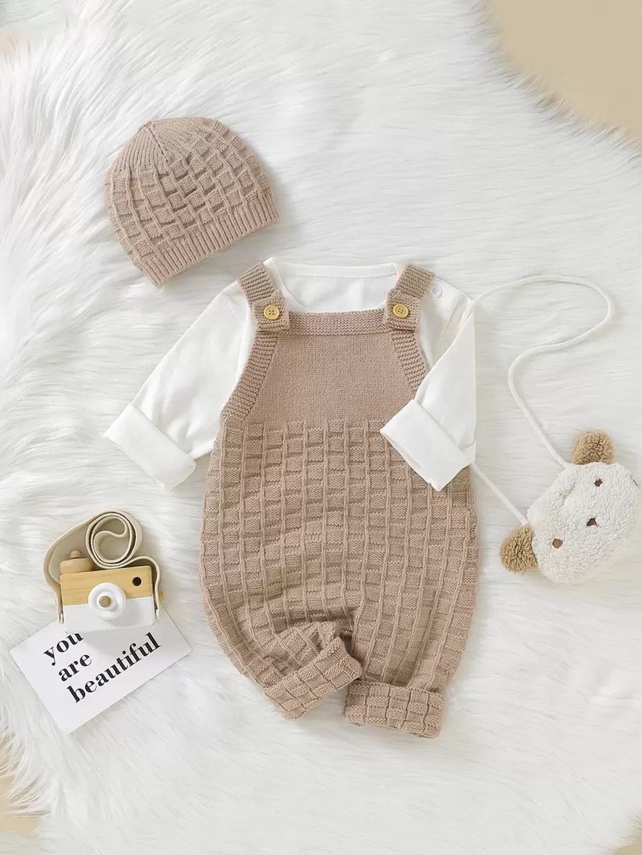 Baby Girl 1pc Knit Jumpsuit & 1pc Hat Without Tee - Khaki - View 1