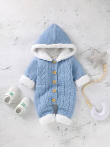 嬰兒毛絨內襯連帽麻花編織連身褲