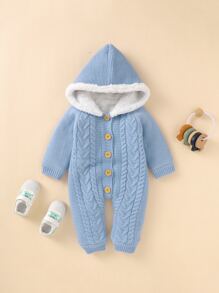 嬰兒毛絨內襯連帽麻花編織連身褲