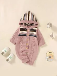 Baby Chevron Pattern Cable Knit Hooded Jumpsuit - Pink - View 1