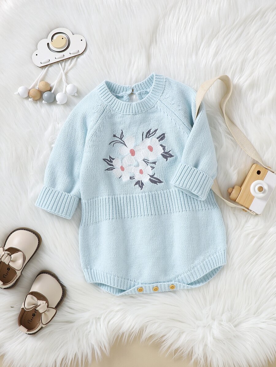 Baby Floral Embroidery Raglan Sleeve Knit Bodysuit - Baby Blue - View 1