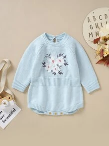 Baby Floral Embroidery Raglan Sleeve Knit Bodysuit - Baby Blue - View 3