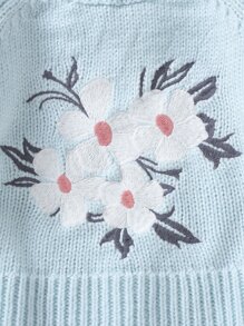 Baby Floral Embroidery Raglan Sleeve Knit Bodysuit - Baby Blue - View 5