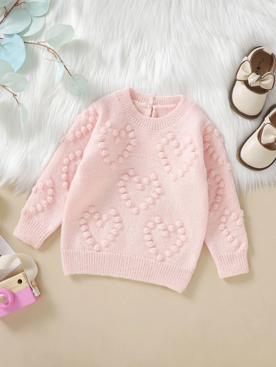 Baby Heart Pattern Keyhole Back Jumper - Pink - View 1