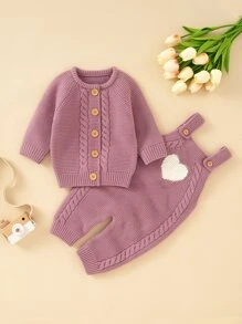 Baby Cable Knit Raglan Sleeve Cardigan & Knit Jumpsuit - Dusty Pink - View 1