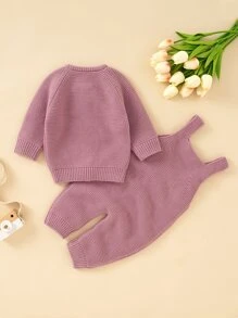 Baby Cable Knit Raglan Sleeve Cardigan & Knit Jumpsuit - Dusty Pink - View 2