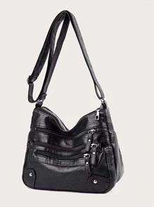 Studded Decor Hobo Bag - Black - View 1