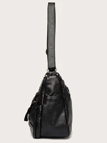 Studded Decor Hobo Bag - Black - View 6