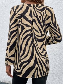 SHEIN Frenchy Zebra Stripe Pocket Patched Roll Up Sleeve Blouse Winter Brown Brown - Brown - View 2