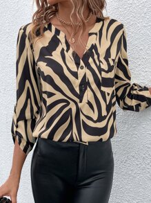 SHEIN Frenchy Zebra Stripe Pocket Patched Roll Up Sleeve Blouse Winter Brown Brown - Brown - View 6