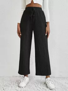 SHEIN EZwear Spring Black Y2k Knot Waist Cropped Wide Leg Pants - Black - View 4