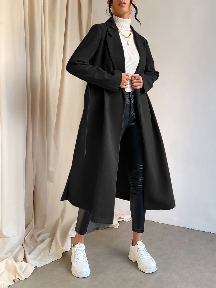 SHEIN Essnce Lapel Collar Split Hem Belted Overcoat In Fall/Winter - Black - View 1