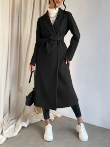 SHEIN Essnce Lapel Collar Split Hem Belted Overcoat In Fall/Winter - Black - View 3