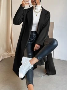 SHEIN Essnce Lapel Collar Split Hem Belted Overcoat In Fall/Winter - Black - View 4