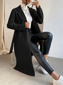 SHEIN Essnce Lapel Collar Split Hem Belted Overcoat In Fall/Winter - Black - View 5