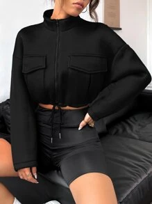 SHEIN Unity Flap Pocket Drawstring Hem Crop Jacket - Black - View 1