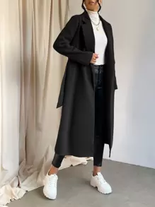 SHEIN Essnce Lapel Collar Split Hem Belted Overcoat In Fall/Winter - Black - View 7