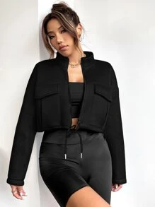 SHEIN Unity Flap Pocket Drawstring Hem Crop Jacket - Black - View 5