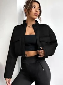 SHEIN Unity Flap Pocket Drawstring Hem Crop Jacket - Black - View 6