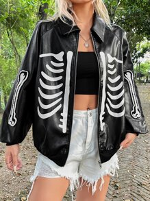 ROMWE PUNK Grunge Skeleton Print Raglan Sleeve PU Leather Jacket - Black - View 1