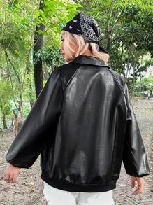 ROMWE PUNK Grunge Skeleton Print Raglan Sleeve PU Leather Jacket - Black - View 2