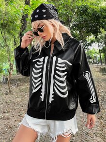 ROMWE PUNK Grunge Skeleton Print Raglan Sleeve PU Leather Jacket - Black - View 4