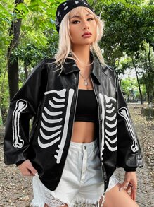 ROMWE PUNK Grunge Skeleton Print Raglan Sleeve PU Leather Jacket - Black - View 6
