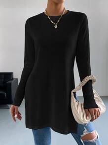 SHEIN Essnce 素色下擺開叉T恤 - 黑色 - 查看 4