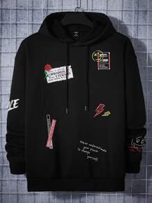Manfinity Men Floral & Slogan Graphic Drawstring Hoodie - Black - View 1