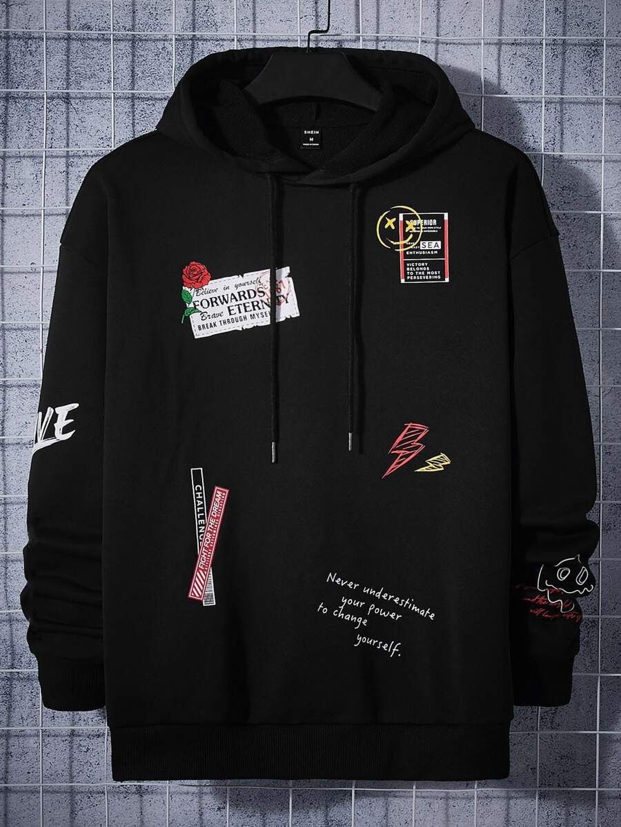 Manfinity Men Floral & Slogan Graphic Drawstring Hoodie - Black - View 1