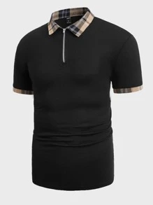 Manfinity VCAY 男士格紋印花1/4拉鍊POLO衫 - 黑色 - 查看 1