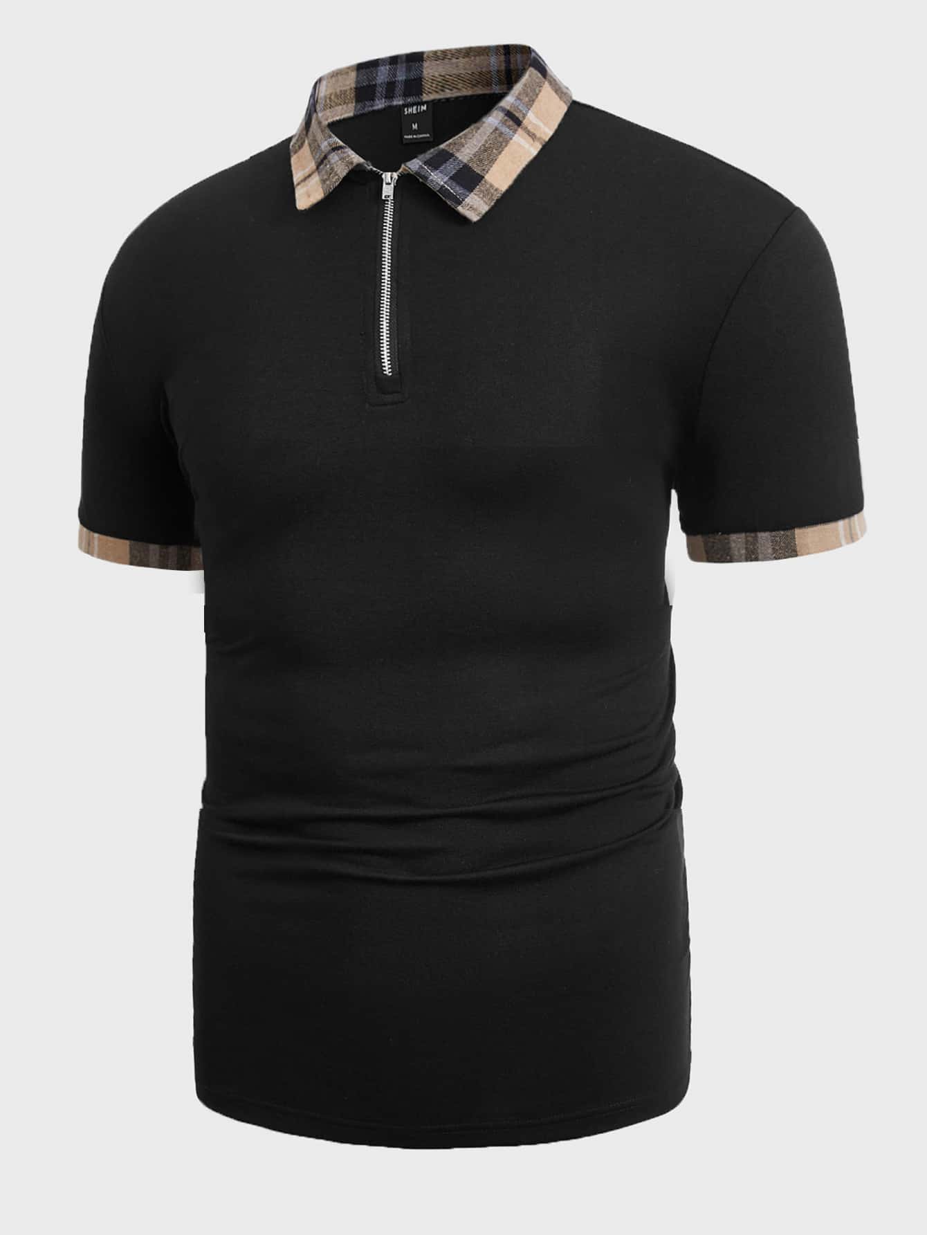 Manfinity VCAY 男士格紋印花1/4拉鍊POLO衫 - 黑色 - 查看 1