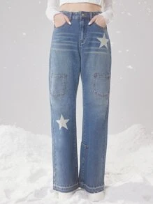 ROMWE Fairycore Star Print Flare Leg Jeans - Light Wash - View 1
