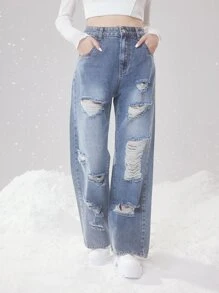 ROMWE Fairycore High Waist Ripped Straight Leg Jeans - Light Wash - View 1