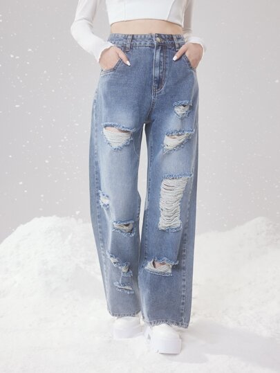 Fairycore High Waist Ripped Straight Leg Jeans