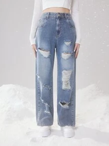 ROMWE Fairycore High Waist Ripped Straight Leg Jeans - Light Wash - View 2