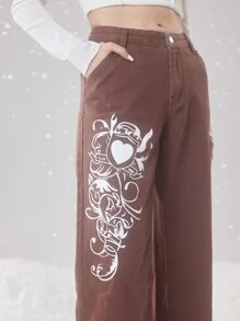 ROMWE Heart Graphic Straight Leg Jeans - Brown - View 2
