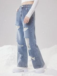 ROMWE Fairycore High Waist Ripped Straight Leg Jeans - Light Wash - View 3