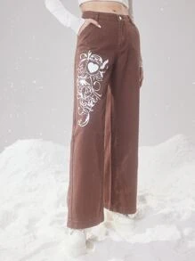 ROMWE Heart Graphic Straight Leg Jeans - Brown - View 3