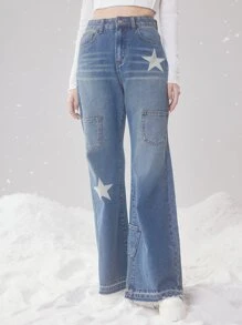 ROMWE Fairycore Star Print Flare Leg Jeans - Light Wash - View 4