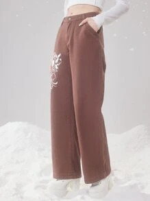 ROMWE Heart Graphic Straight Leg Jeans - Brown - View 4