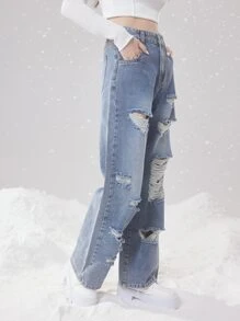 ROMWE Fairycore High Waist Ripped Straight Leg Jeans - Light Wash - View 5