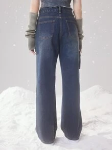 ROMWE Fairycore Flap Pocket Flare Leg Jeans - Dark Wash - View 5