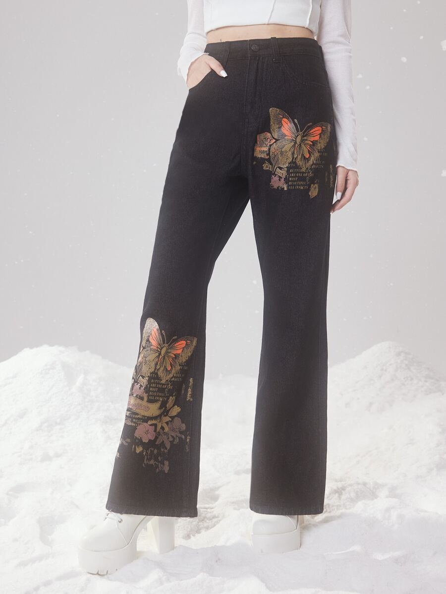 ROMWE Fairycore Floral & Butterfly Print Flare Leg Jeans - Black - View 1