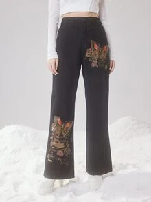 ROMWE Fairycore Floral & Butterfly Print Flare Leg Jeans - Black - View 2