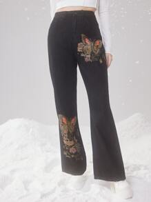 ROMWE Fairycore Floral & Butterfly Print Flare Leg Jeans - Black - View 3