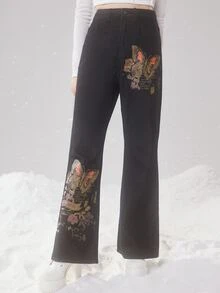 ROMWE Fairycore Floral & Butterfly Print Flare Leg Jeans - Black - View 4