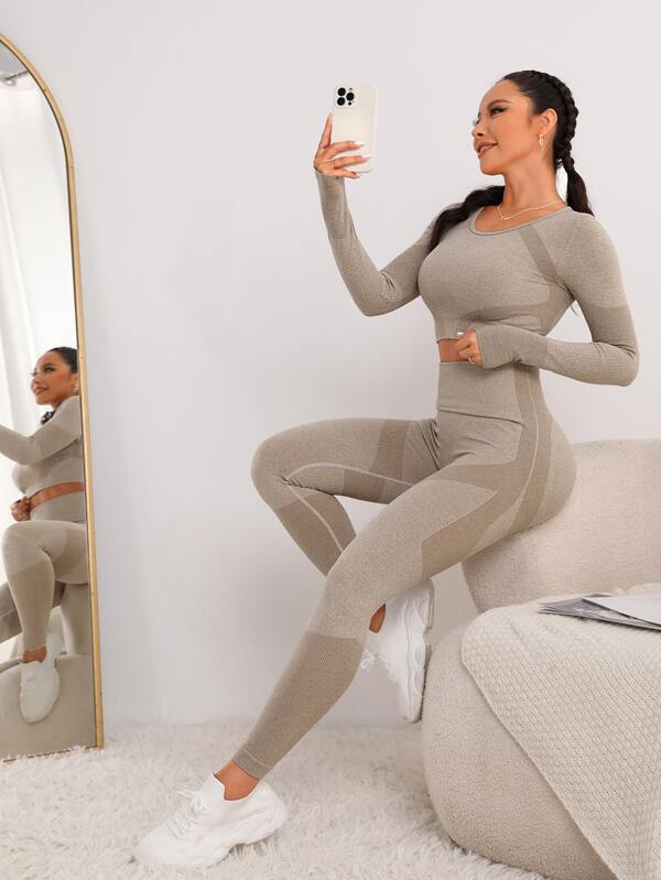 SHEIN Seamless High Stretch Thumb Holes Sports Tee & Leggings Workout Women Set