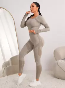 Easithlete Seamless High Stretch Thumb Holes Sports Tee & Leggings Workout Women Set - Khaki - View 5